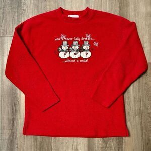 Vintage Red Christmas Sweater with embroidered snowmen Novelty Holiday, Nostalgi